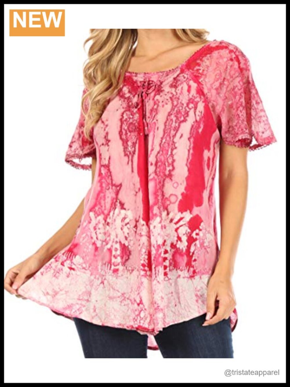 Sakkas Celia Marble Batik Short Sleeve Blouse with Embroidery and Crochet